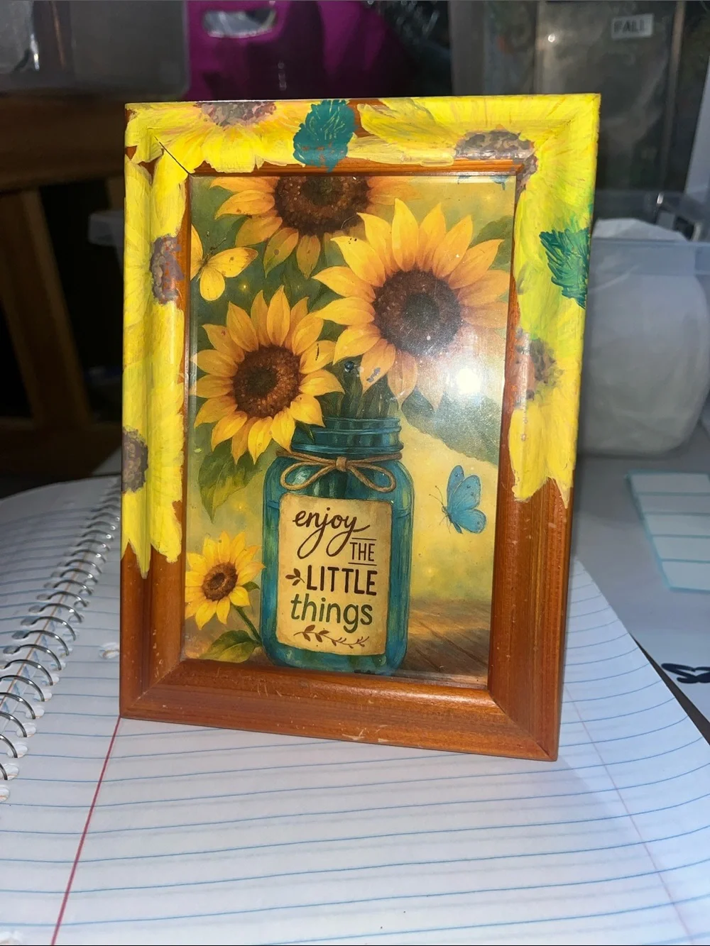 Sunflower Mason Jar Wall Frame – Yellow & Blue Handpainted flowers on frame 555